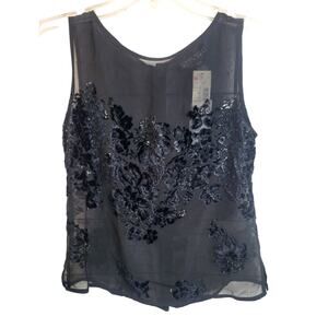 NWT Linda Allard Sheer Burnout Top Black Floral Velvet Silk Blend Womens Size 2P
